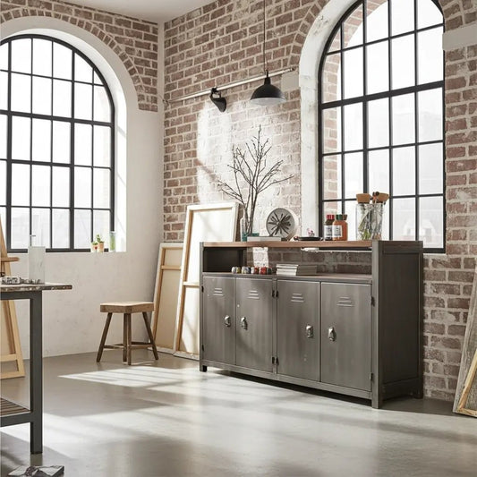 Buffet industriel en bois recyclé et acier brut